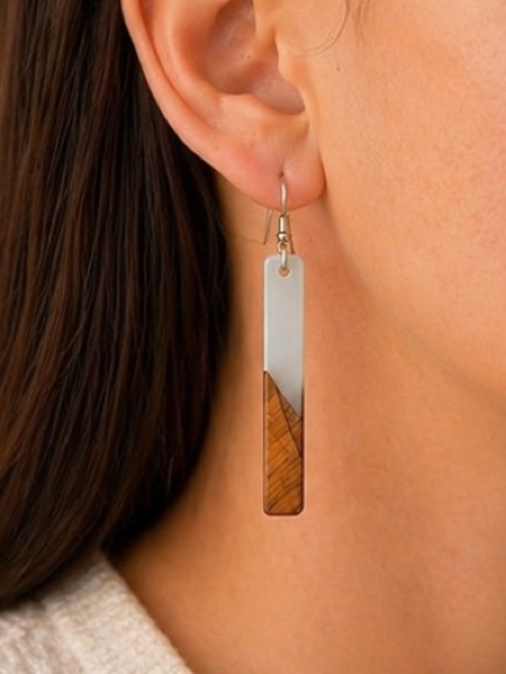 Handmade Natural Wood Resin Drop Earrings 925 Sterling Silver Minimalist Dangle